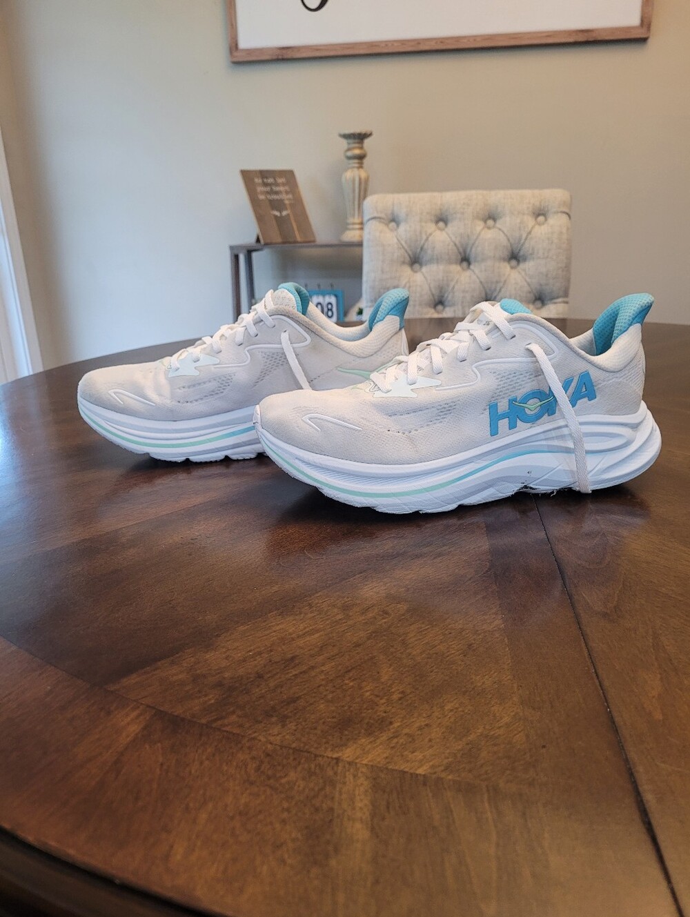Hoka Clifton 10 White and Aqua Performance Running Sneakers.  Size  9.5B - Picture 6 of 8